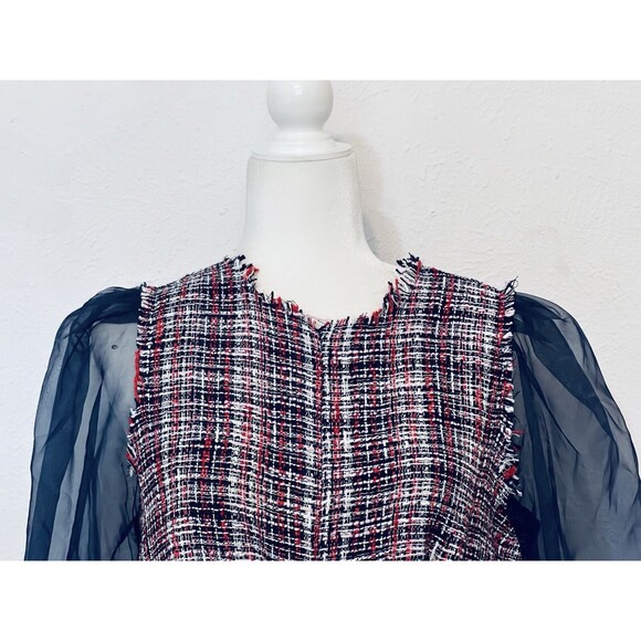 Zara Woman Size M Tweed Organza Puff Sleeve Blouse Boho Grunge Peasant Festival - Picture 4 of 13
